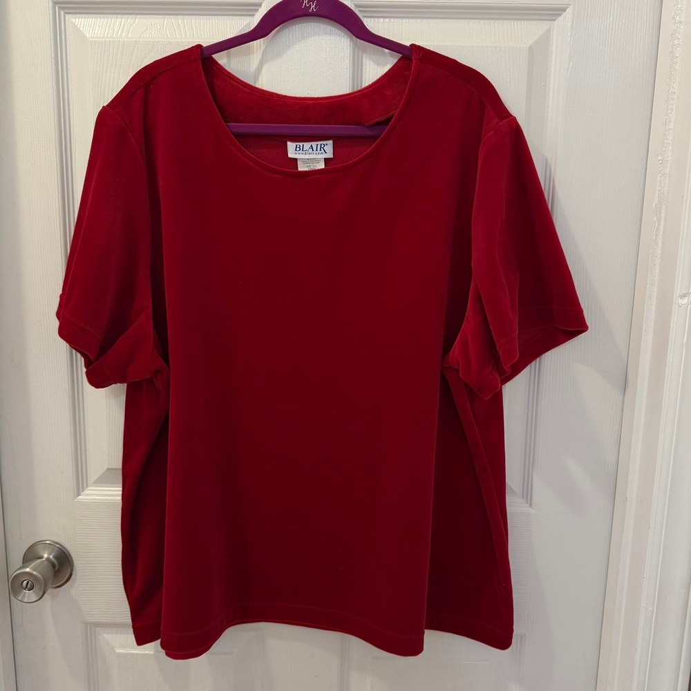 Vintage Blair Women 3XL Red Velvet Short Sleeve Pullover Blouse Top
